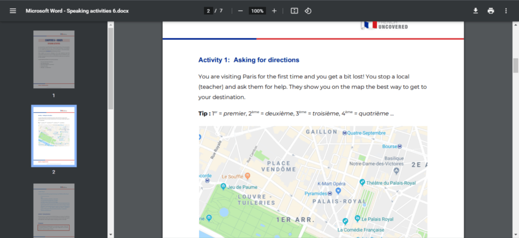 French Uncovered speaking activity - asking for directions in Paris
